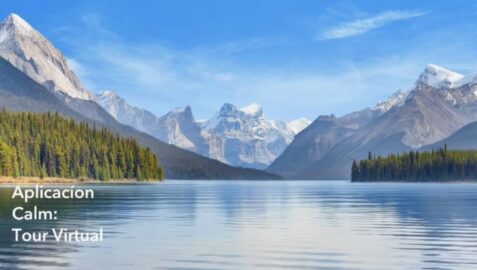 a lake with mountains in the background and text that reads applicacion calm tour virtual