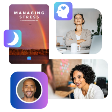 four different images with people smiling and talking