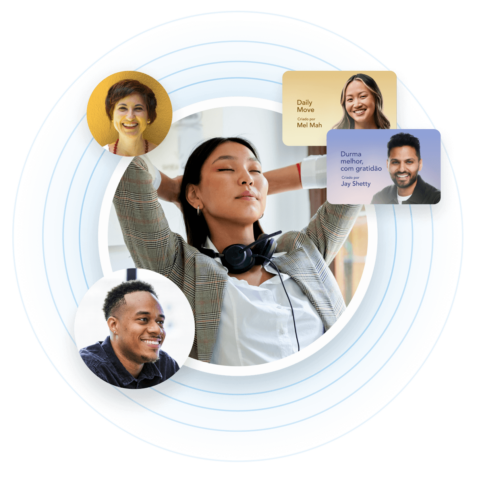 a group of people with headphones and speech bubbles