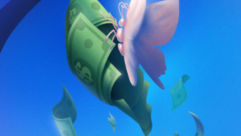 a cartoon character flying through the air with money