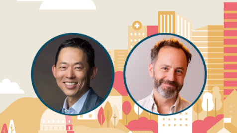 two headshots of two men in front of a cityscape