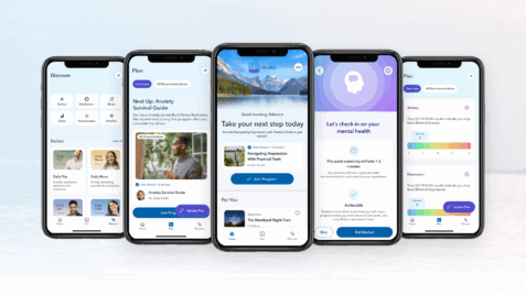 three iphones with different Calm Health app screens on them