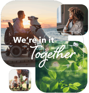 a collage of photos with a man in a wheelchair and a woman in a