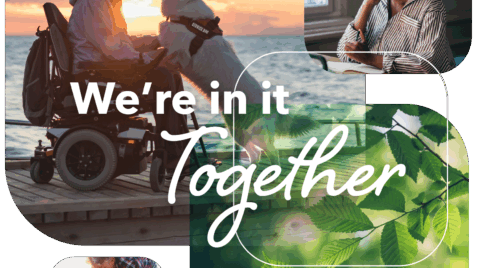 a collage of photos with a man in a wheelchair and a woman in a