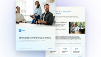 a brochure with a picture of people sitting at a table