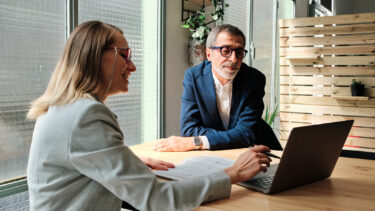 consultant and business person in discussion at table